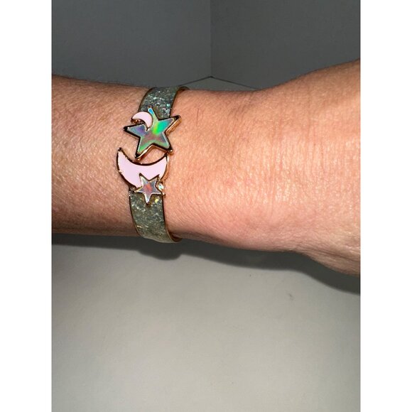 Celestial Clamp Bracelet- Gold Tone- 2.5 inches in Diameter- Moon, Stars, Cresce - Picture 2 of 4